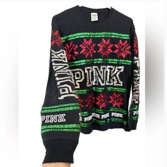 🎄 Victoria's Secret‎ PINK Sequin Bling Holiday Christmas Long Sleeve Tee Size S - Picture 6 of 10